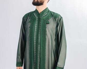 Conjunto de 3 piezas Jabador para hombre en color verde esmeralda / Caftán marroquí para boda y Eid con capa Selham