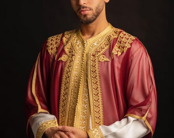 Conjunto Jabador de 3 piezas para hombre en color burdeos / Traje de novio para boda marroquí Eid y Nikkah