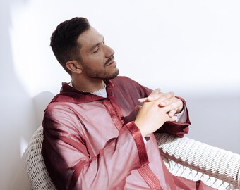 Burgundy Mens Moroccan Djellaba Set | Sheer Nikkah Thobe & Wedding Kaftan Groom Outfit