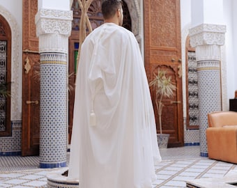 White Moroccan Selham Cape | Men's Hooded Wedding Cloak & Nikkah Groom Attire