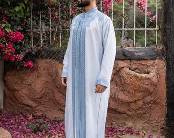 Light Blue Moroccan Jabador 3-Piece Set | Embroidered Caftan, Trousers for Groom