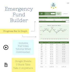 May include: A digital spreadsheet titled "Emergency Fund Builder" with a progress bar, graph, and monthly savings plan. Includes a full video tutorial and Google Sheets with 3 blank tabs. The annual goal is $1,200.00.