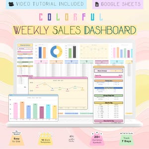 Könnte beinhalten: Ein Laptop-Bildschirm zeigt eine farbenfrohe Vorlage für ein wöchentliches Umsatz-Dashboard. Der Bildschirm zeigt Diagramme, Grafiken und Datentabellen. Der Text auf dem Bildschirm lautet "Weekly Sales Dashboard" und "Colorful".