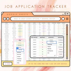 Könnte beinhalten: Digitale Job-Anwendungstracker-Vorlage mit minimalistischem Design. Die Tabelle enthält integrierte Dropdown-Optionen und ist mit Google Sheets kompatibel. Das Bild zeigt ein Mobiltelefon mit geöffnetem Menü "Typ".