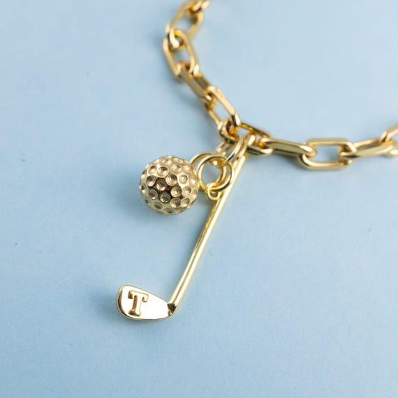 18k Gold Women Personalized Initial Golf Clubs Ball Charm