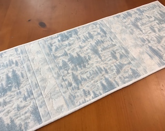 Table Runner Forest Frost Glitter Pale Blue Handmade Quilted Winter Decor