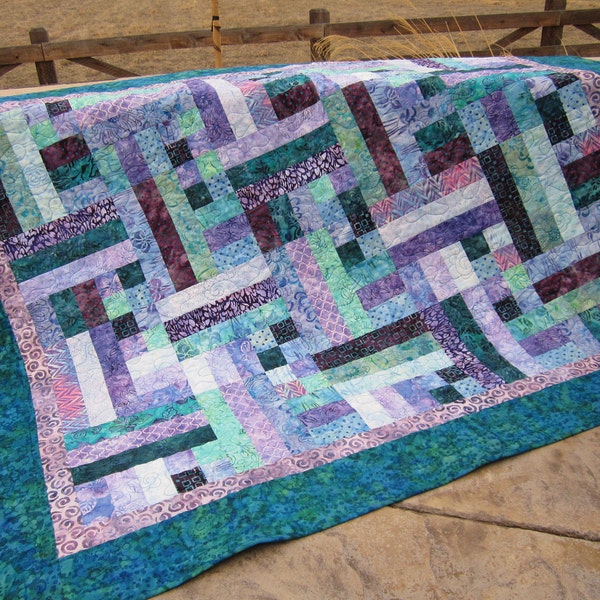 Handmade Quilt Teal and Purple Batik , Quilted Throw, Patchwork Quilt
