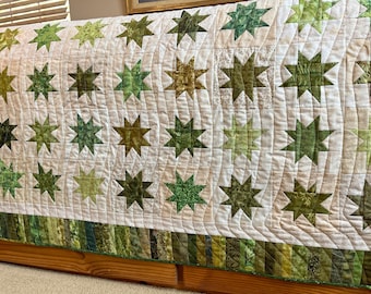 Quilt Handmade Green and Neutral Wonky Stars Homemade Patchwork Lap Quilt
