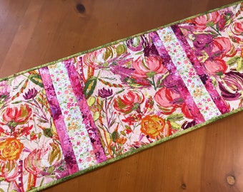 Table Runner Floral Pink Purple Flowers Quilted Home Decor