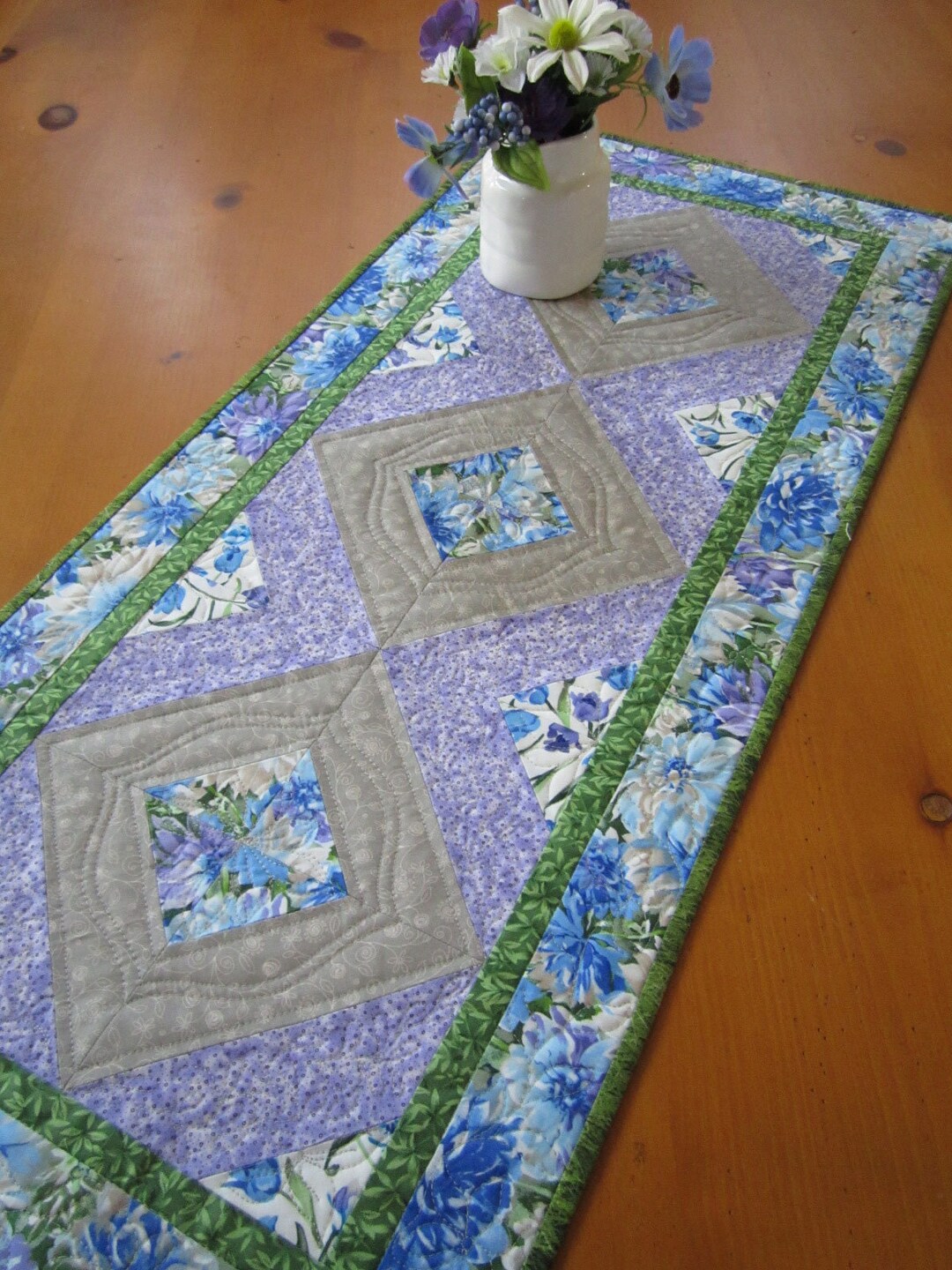 Handmade Quilted Table Runner Floral Blue Purple Gray Gift Home Decor ...