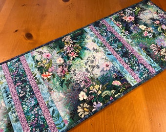 Table Runner Blue Turquoise Floral Handmade Gift Quilted Spring Home Decor