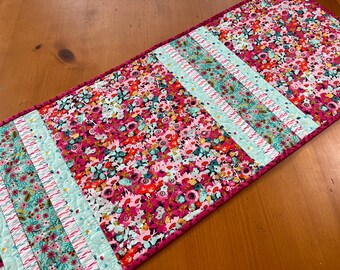 Table Runner Pink and Aqua Floral Handmade Quilted Home Decor