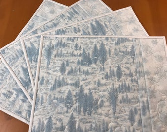 Placemats Forest Scene Trees Glitter Frost Pale Blue Set of Four Handmade Table Kitchen Holiday Decor