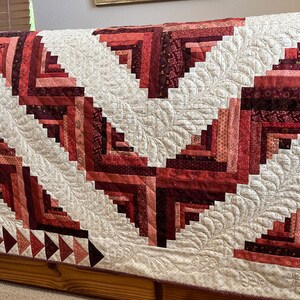 Quilt Handmade Red, Pink and Neutral Homemade Patchwork Log Cabin Quilt Home Decor Gift