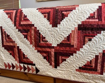 Quilt Handmade Red, Pink and Neutral Homemade Patchwork Log Cabin Quilt Home Decor Gift