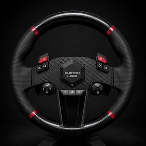 May include: A black racing steering wheel controller featuring a carbon fibre centre plate with the text CUSTOM LOGO, red accents on the rim, perforated leather grips, and integrated buttons including L2, R2, directional pads, and PlayStation symbols.