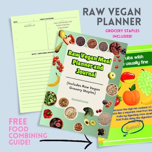 May include: A green and yellow cover for a Raw Vegan Meal Planner and Journal. The cover features a variety of fruits and vegetables, including bananas, grapes, apples, and figs. The title "Raw Vegan Meal Planner and Journal" is printed in white text. The text "Includes Raw Vegan Grocery Staples" is printed in black text. The website "ShariLikesFruit.com" is printed in black text.