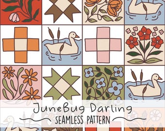 May include: A seamless pattern featuring a grid of colorful squares with floral and geometric designs. The squares include images of flowers, ducks in water, and star-like shapes. The text "JuneBug Darling SEAMLESS PATTERN" is at the bottom.