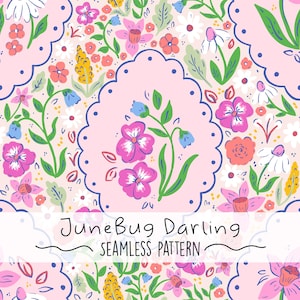 May include: A seamless pattern design featuring a repeating floral motif. The pattern includes pink, purple, and white flowers with green leaves on a light pink background. The text "JuneBug Darling SEAMLESS PATTERN" is at the bottom.