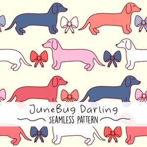 Dachshund Seamless Repeat Pattern Hand Drawn Digital Art Dog Lover PNG Digital Pattern Cute Dog Seamless Art Bows Coquette Sausage Dog