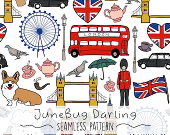 London Icons Seamless Repeat Pattern Hand Drawn Digital Art England PNG Digital Pattern Travel Art Sublimation England Pattern London Art
