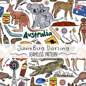 Australian Icons Seamless Repeat Pattern Hand Drawn Digital Art Aussie PNG Digital Pattern Cute Sublimation Travel Kangaroo Art PNG