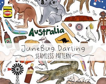 Australian Icons Seamless Repeat Pattern Hand Drawn Digital Art Aussie PNG Digital Pattern Cute Sublimation Travel Kangaroo Art PNG