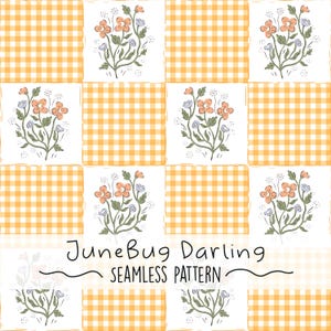 May include: A seamless pattern featuring a repeating design of orange and white gingham squares alternating with floral illustrations. The floral illustrations include peach-colored flowers and blue accents. The text "JuneBug Darling SEAMLESS PATTERN" is at the bottom.
