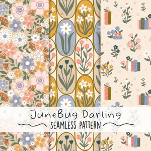 以下が含まれることがあります： 花柄と植物柄の3つのシームレスパターン。1つのパターンは、さまざまな花が咲くベージュの背景です。もう1つは、花のある楕円形です。3つ目は花と本です。「JuneBug Darling SEAMLESS PATTERN」というテキストが一番下にあります。