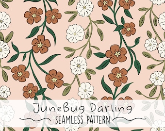 May include: Seamless pattern featuring brown and white flowers with green leaves on a light pink background. The text "JuneBug Darling" and "Seamless Pattern" are displayed at the bottom.