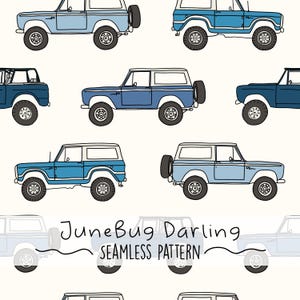 May include: Seamless pattern featuring illustrations of vintage blue SUVs with white tops and spare tires. The vehicles are in various shades of blue, set against a cream background. The text "JuneBug Darling SEAMLESS PATTERN" is at the bottom.