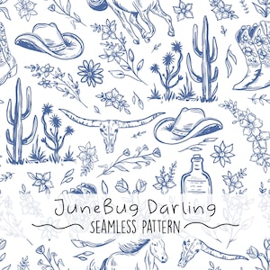 May include: A seamless pattern featuring a variety of western-themed illustrations in blue on a white background. The pattern includes cacti, cowboy hats, a skull with horns, a bottle, a horse, and various floral designs. The text "JuneBug Darling" and "Seamless Pattern" is included in the design.