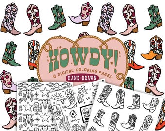 Retro Cowgirl Coloring Pages For Adults Kids Digital Download Hand Drawn For Relaxation Printable Western Gift PDF Easy Coloring Classroom