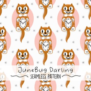 May include: A seamless pattern featuring a repeating design of a brown cat clock with a white face and black hands. The cat clock is set against a pink circle and a white background with white stars.