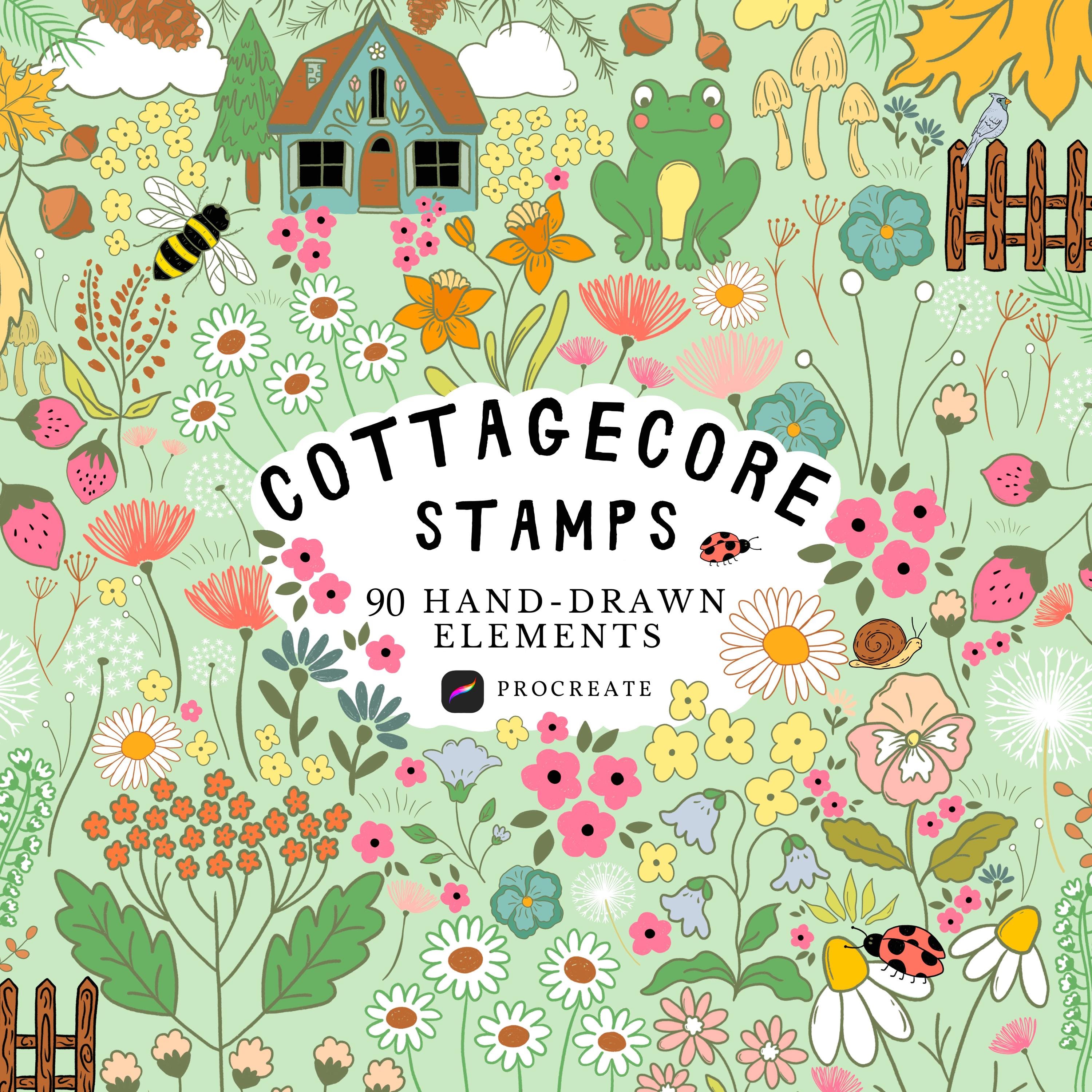 Cottagecore Procreate Stamps — 90 Hand‑Drawn Brushes for iPad | Flowers, Animals & Elements | Commercial Use