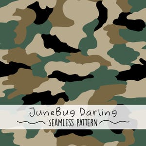 May include: Seamless pattern featuring a camouflage design in shades of green, brown, black, and tan. The pattern includes the text "JuneBug Darling SEAMLESS PATTERN" in a white banner across the bottom. This design is suitable for various fabric applications.
