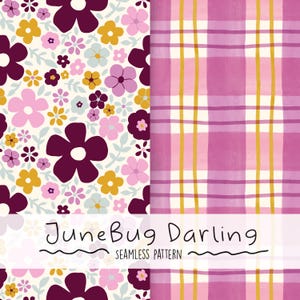 May include: A digital seamless pattern design featuring two distinct sections. The left side displays a floral print with dark purple, light pink, and mustard yellow flowers on a cream background. The right side shows a pink and yellow plaid pattern.