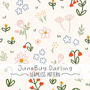 以下が含まれることがあります： クリーム色の背景に、さまざまな花のイラストが散りばめられたシームレスパターン。ピンク、赤、青、黄色の花と、緑の葉と茎がデザインに含まれています。「JuneBug Darling SEAMLESS PATTERN」の文字が下部に表示されています。