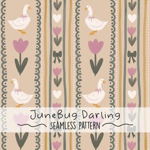 Peut inclure: Un motif sans couture avec un motif répétitif de canards blancs, de tulipes roses, de nœuds verts et de rayures brunes et blanches sur un fond brun clair. Le texte "JuneBug Darling" et "SEAMLESS PATTERN" est inclus dans le motif.