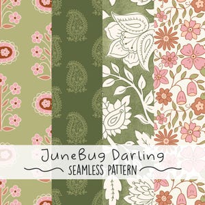 Coordinating Indian Floral Seamless Set of 4 Repeat Patterns Boho Block Print Small Business Muted Tones Background Scrapbook Digital Papers