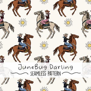 Retro Western Cowgirl Seamless Repeat Pattern Hand Drawn Digital Art PNG Digital Pattern Design Retro Cowgirl Pattern Sublimation Cute