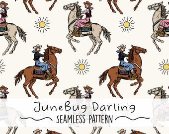 May include: A seamless pattern featuring a repeating design of cowgirls riding horses with sun icons. The text "JuneBug Darling" and "Seamless Pattern" is included in the design.