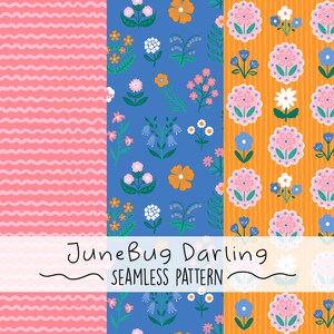 May include: A collection of seamless patterns featuring floral designs and wavy lines. The patterns include stylized flowers in pink, blue, orange, and white on various backgrounds. The text "JuneBug Darling Seamless Pattern" is also present.