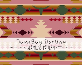 May include: A seamless pattern featuring a pink background with geometric shapes in shades of red, orange, yellow, green, and brown. The pattern is titled "JuneBug Darling Seamless Pattern".