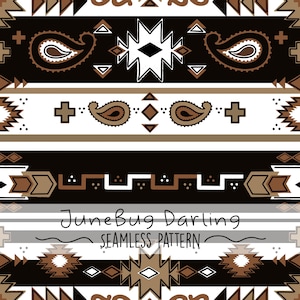 May include: A seamless pattern with a southwestern design featuring brown, white, and black geometric shapes and paisley patterns. The text "JuneBug Darling Seamless Pattern" is at the bottom of the image.