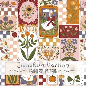 Puede incluir: Un patrón sin costuras que presenta un collage de ilustraciones que incluye una oca en un marco, mariposas, girasoles, tulipanes, calabazas y cuadrados a cuadros. El texto JuneBug Darling SEAMLESS PATTERN está centrado sobre el diseño.