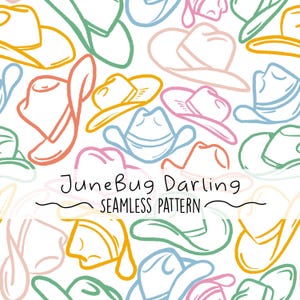 Pode incluir: Padrão sem costura com chapéus de cowboy em várias cores, incluindo amarelo, rosa, azul e verde, sobre um fundo branco. O texto "JuneBug Darling SEAMLESS PATTERN" também está presente.