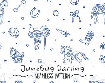 May include: White seamless pattern with blue line drawings of horses, saddles, horseshoes, boots, carrots, flowers, and hearts. The text "JuneBug Darling SEAMLESS PATTERN" is at the bottom.