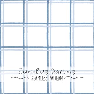 May include: A seamless pattern featuring a blue and white plaid design. The text "JuneBug Darling" is written in cursive at the bottom of the image, with the words "SEAMLESS PATTERN" written below it.