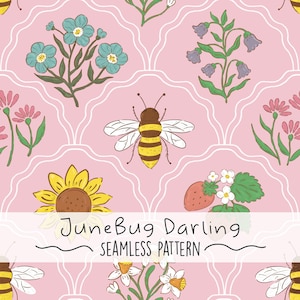 Summer Floral Seamless Repeat Pattern Hand Drawn Bees Digital Art Spring PNG Digital Pattern Cute Sunflower Pattern Strawberry Sublimation
